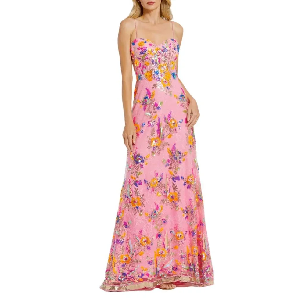 Mac Duggal 68508 Size 8‎ Pink Blue Gold Floral Sequin Lace Gown Long Maxi Dress - Picture 3 of 5